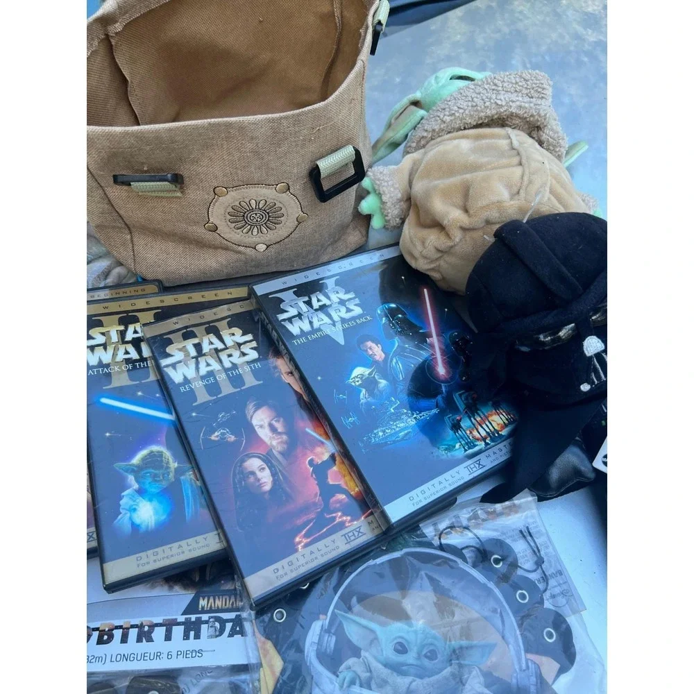 Star Wars DVD Lot w/ Mandalorian Grogu Plush, Backpack & Party Decor Bundle